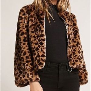 Faux Fur 3/4 Sleeve Leopard Jacket